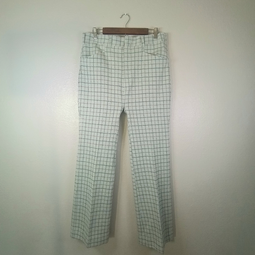 Vintage 70s Haggar Green Tan Plaid Preppy Front Creased Double Ply Retro Slacks